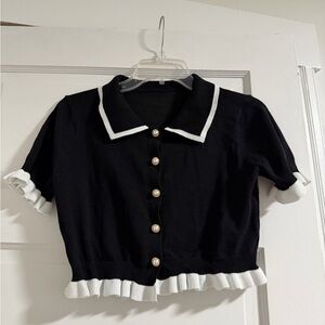 Black and White Cropped Button-Up Cardigan